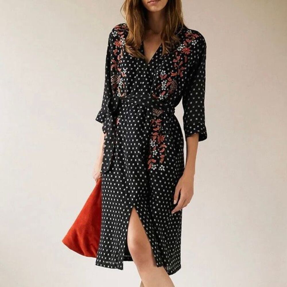 Intropia Jacquard Midi Dress With Floral Embroidery